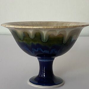 Beautiful Hand Crafted Signed Glazed Pottery Pedestal Dish